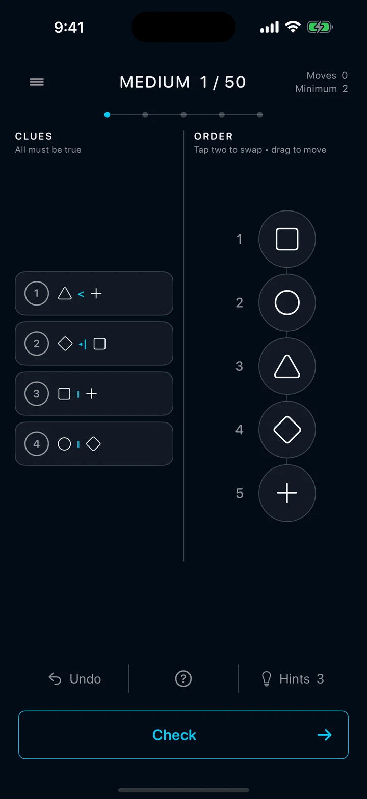 Proofline visual clues beside an ordered line of symbols